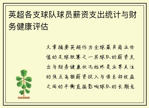 英超各支球队球员薪资支出统计与财务健康评估