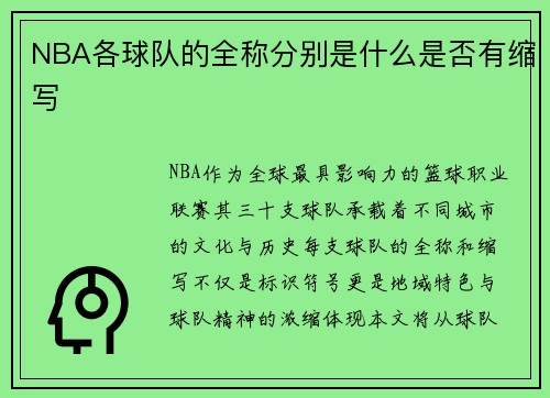 NBA各球队的全称分别是什么是否有缩写